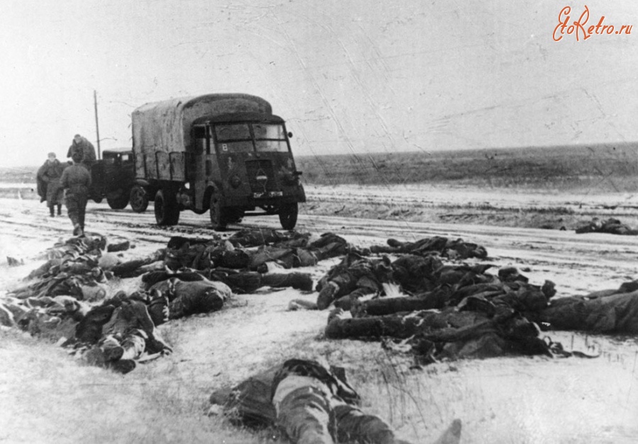 Волгоград - Трупы немецких солдат на обочине дороги юго-западнее Сталинграда, 14 апреля 1943 года.