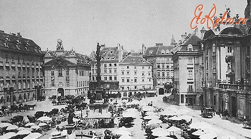 Австрия - Ам-Хоф (1865) с Арсеналом (слева), колонной Марии, дворцом Коллальто и церковью Ам-Хоф (справа)