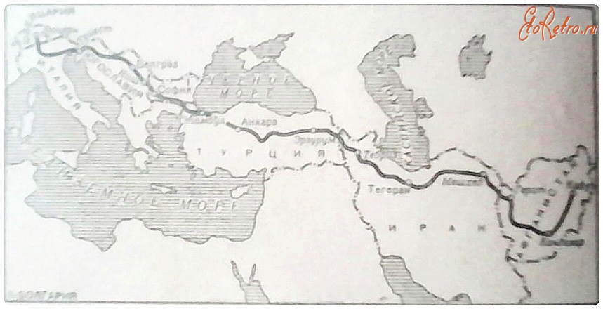 Афганистан - Неизведанный Гиндукуш. Карта-схема пути на автомашинах из Швейцарии в Афганистан