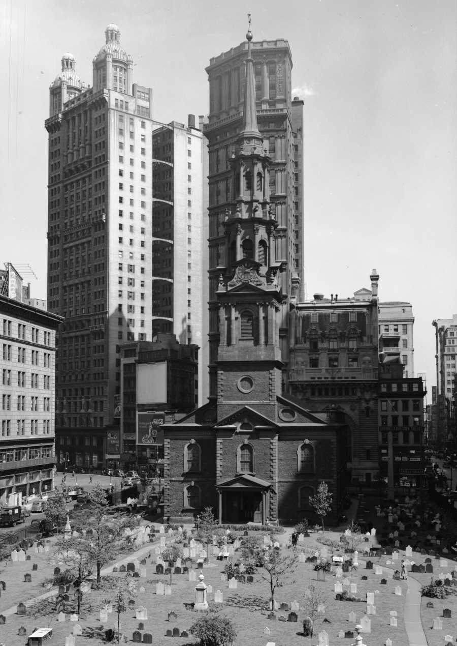 Нью-Йорк - Photo of St. Paul's Chapel from Trinity Place, США,  Нью-Йорк (штат),  Нью-Йорк,  Манхеттен