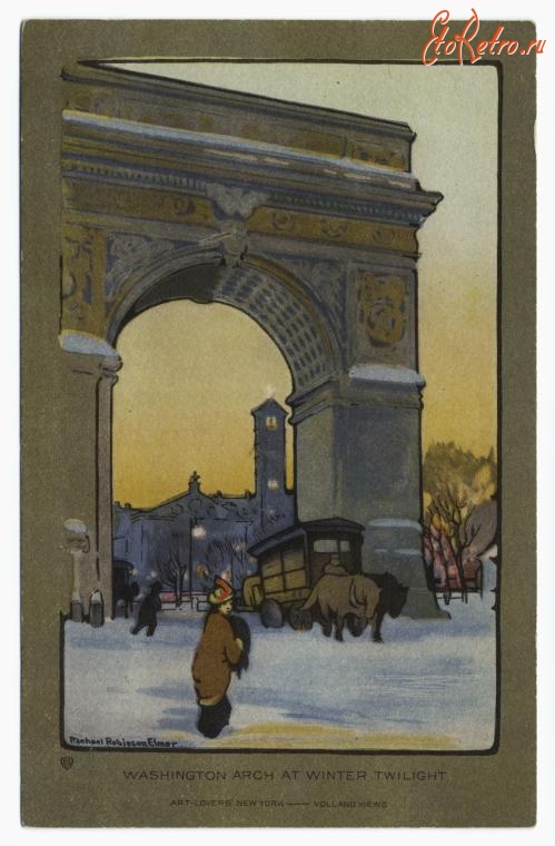 Нью-Йорк - Арка Вашингтона в Нью-Йорке в зимних сумерках, 1914