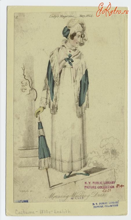 Ретро мода - Английский женский костюм 1810-1819. Платье для утренних прогулок, 1814