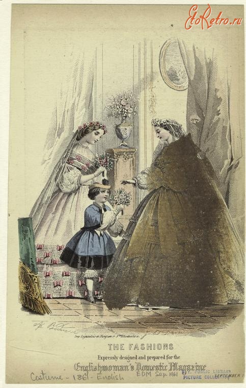 Ретро мода - Женский костюм. Англия, 1860-1869. Модные платья и шляпки, 1861