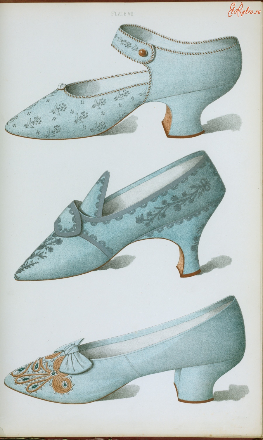 Ретро мода - Серо-голубые атласные туфли с вышивкой
