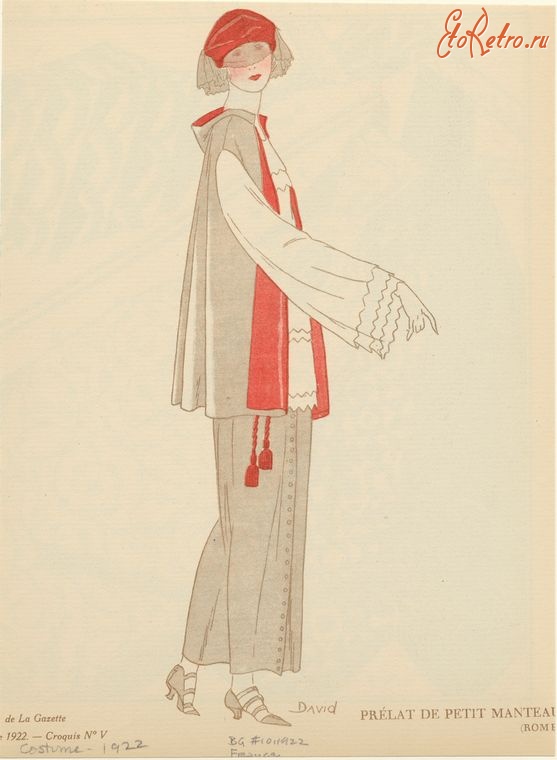 Ретро мода - Серый с красным костюм и шляпа с вуалью