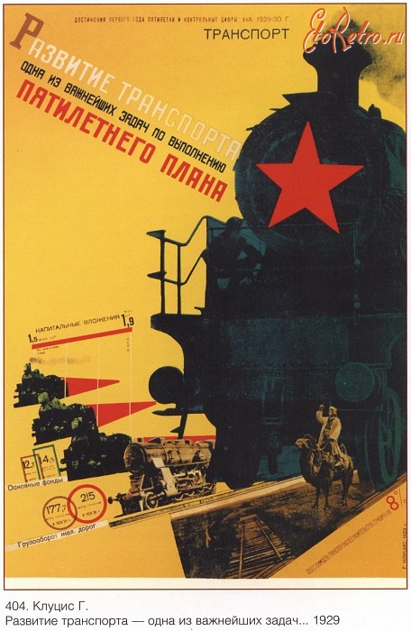 Плакаты - Плакаты СССР: Развитие транспорта - одна из важнейших задач по выполнению пятилетнего плана (Г. Клуцис)