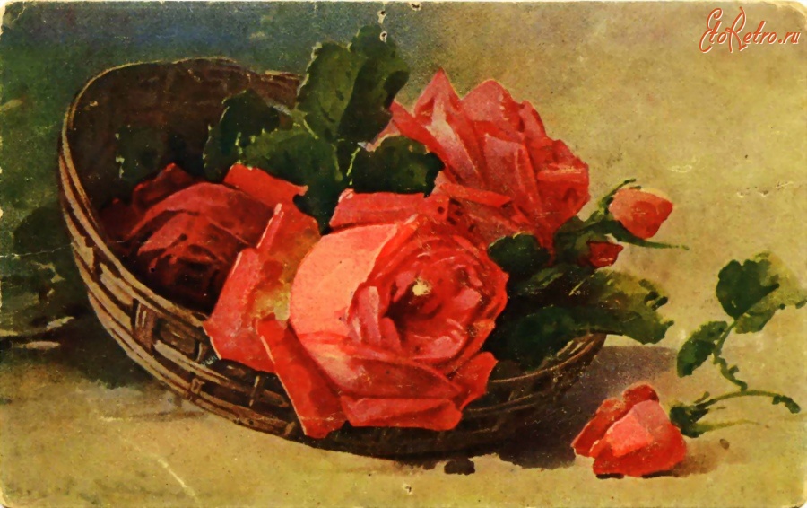 Ретро открытки - Розы в корзине