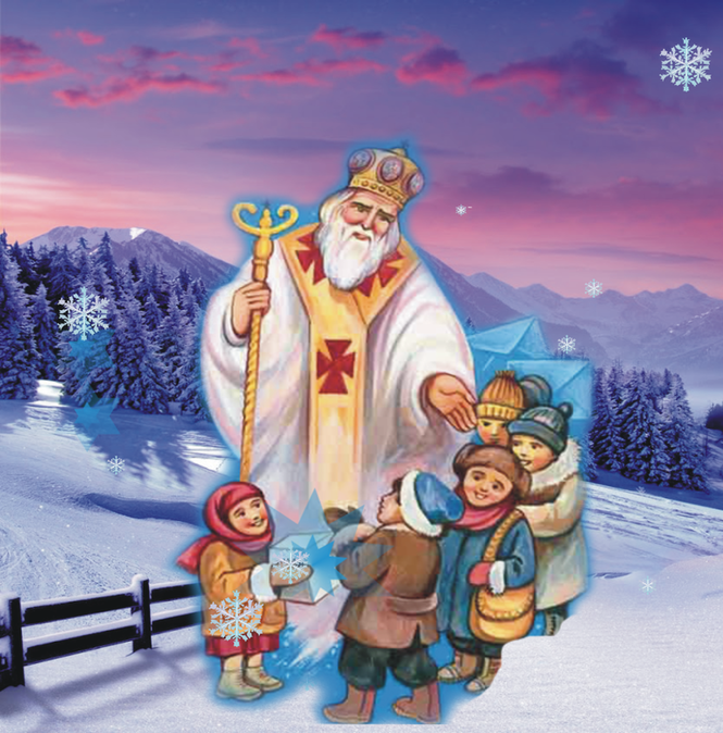Ретро открытки - Святий Миколай роздає дітям подарунки.