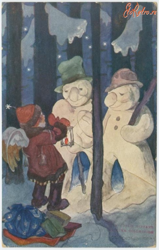 Ретро открытки - Ночная встреча со снеговиками