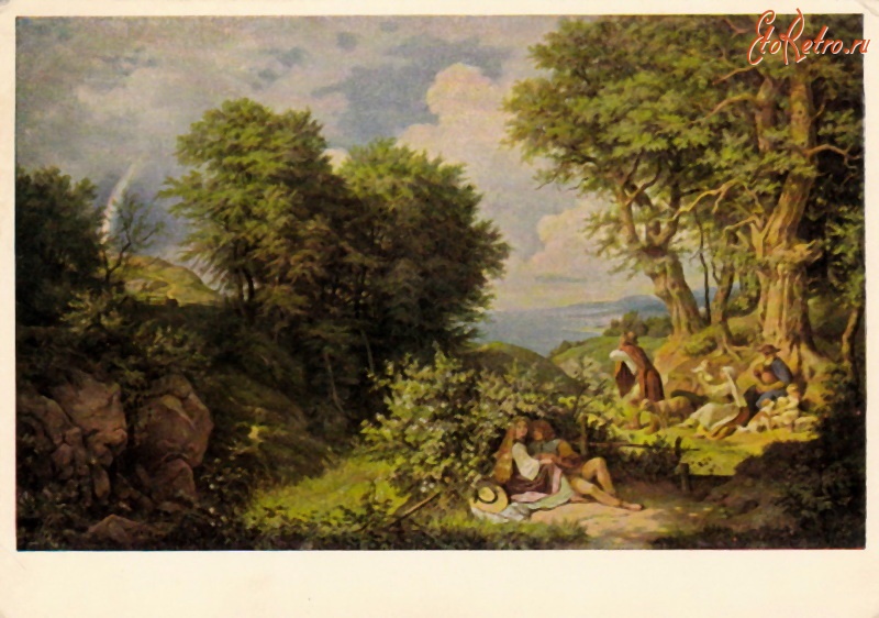 Ретро открытки - Июльский пейзаж с радугой