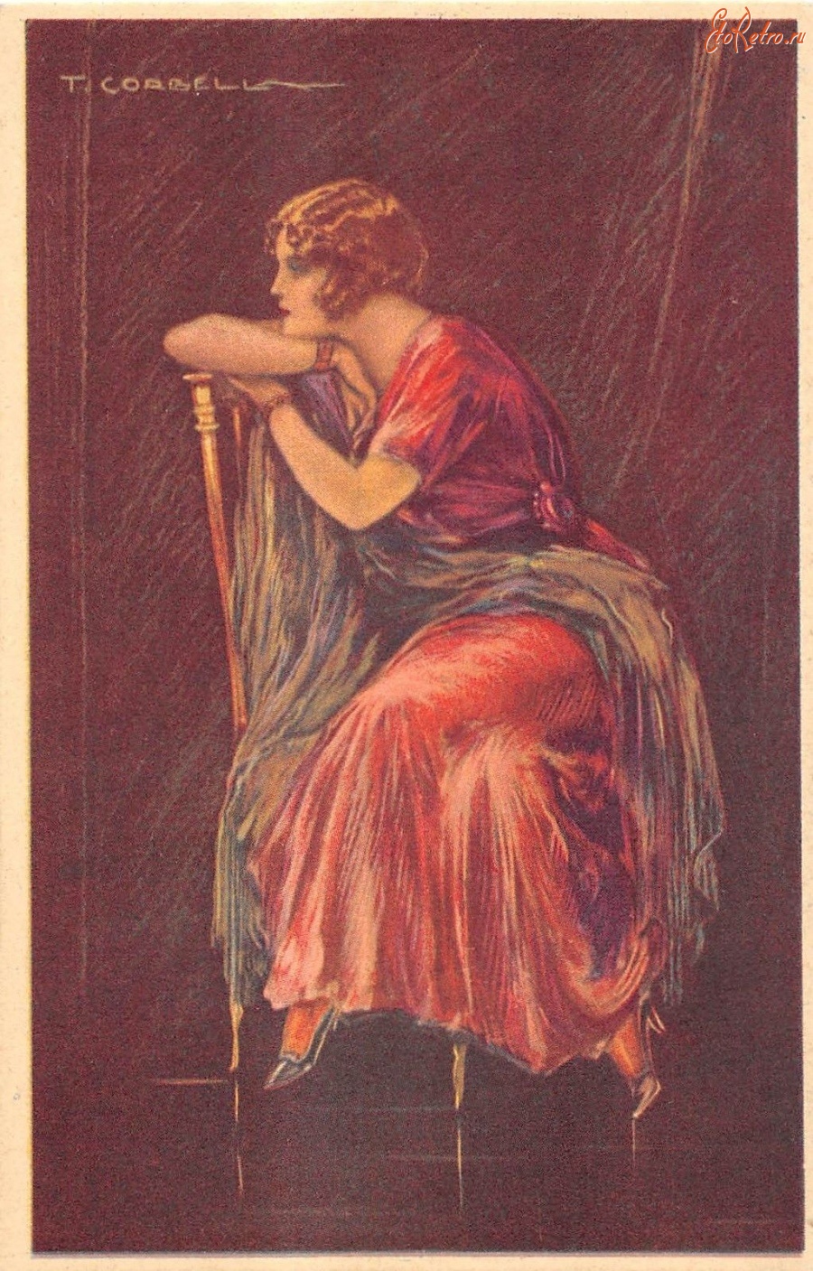 Ретро открытки - Портрет женщины в красном платье