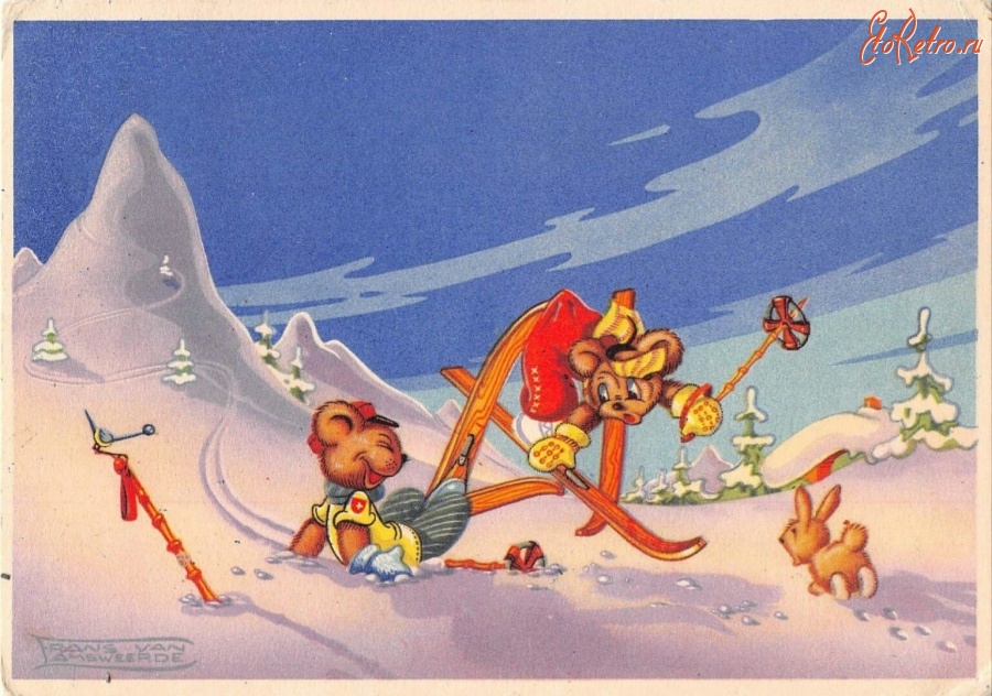 Ретро открытки - Медведи.  Катание с горки на лыжах