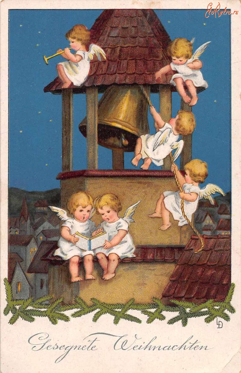 Ретро открытки - Рождественские ангелы и колокола