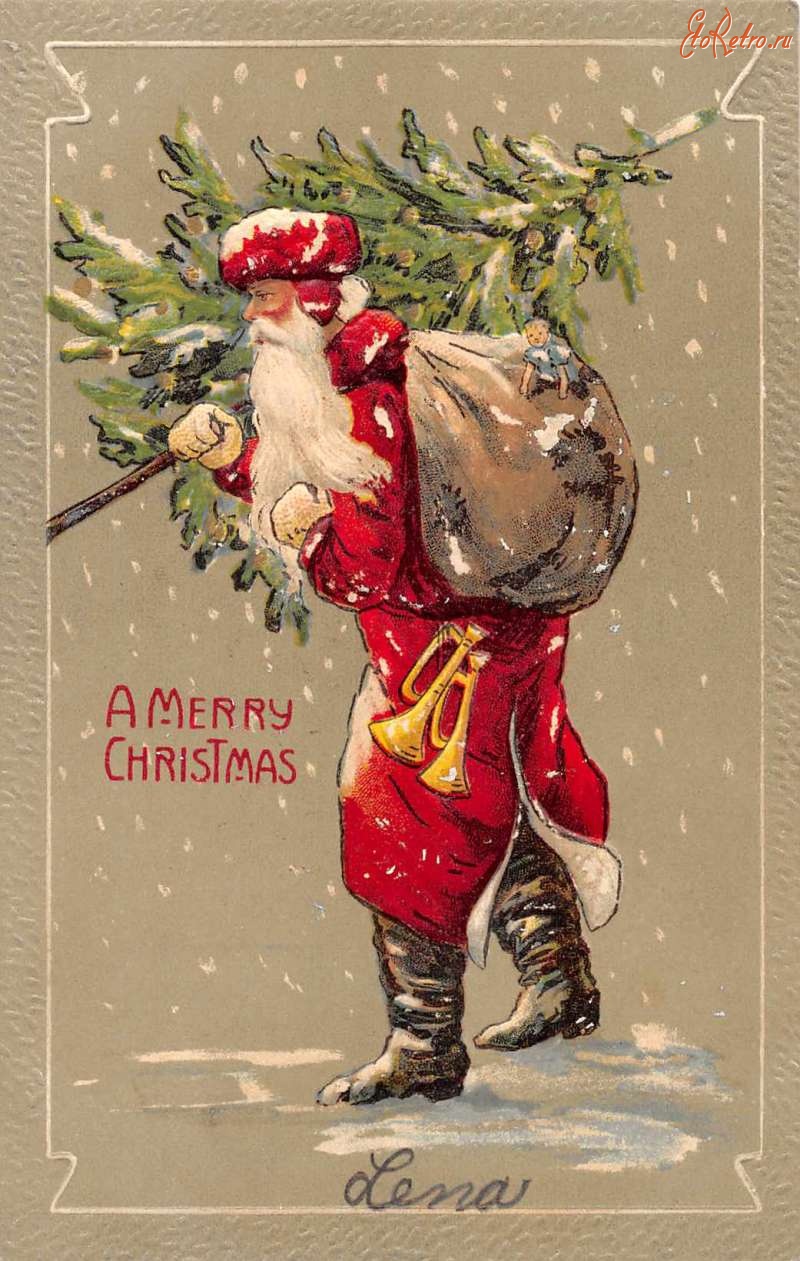 Ретро открытки - Санта Клаус и Рождественская ёлка