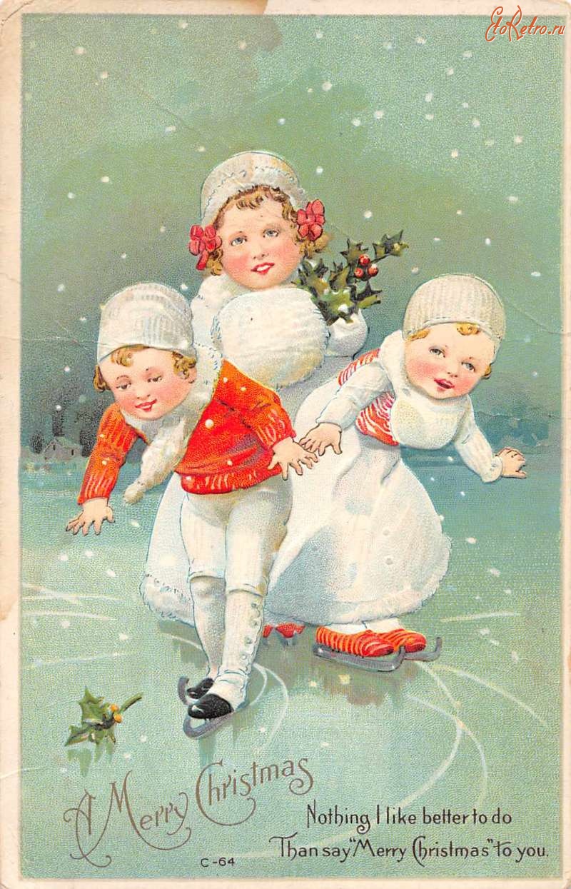 Ретро открытки - С Новым Годом. Катание на коньках