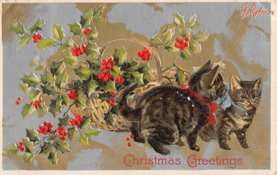 Ретро открытки - Рождественские поздравления. Котята с корзиной