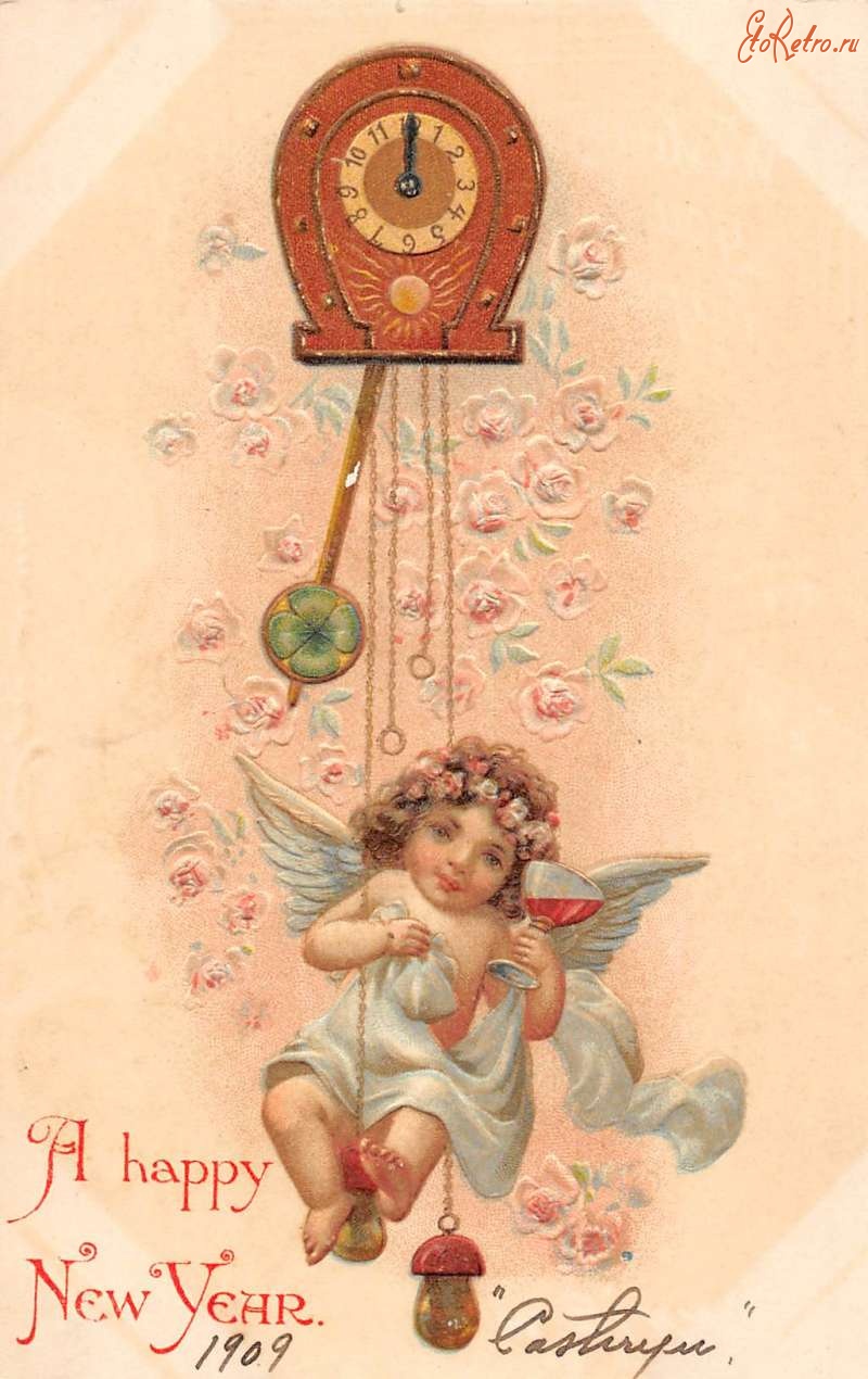 Ретро открытки - С Новым Годом. Ангел и часы
