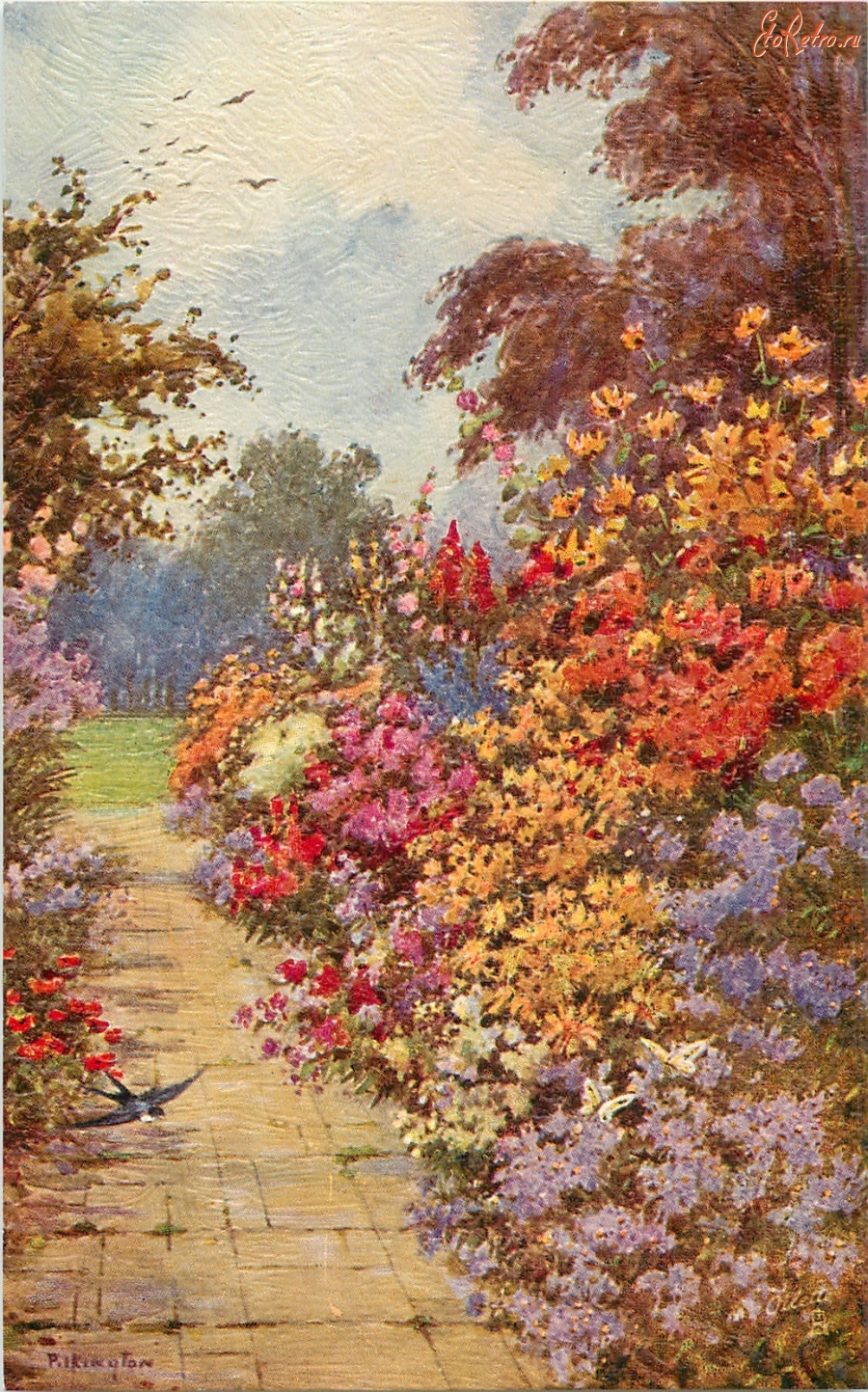 Ретро открытки - Тропинка в цветущем саду