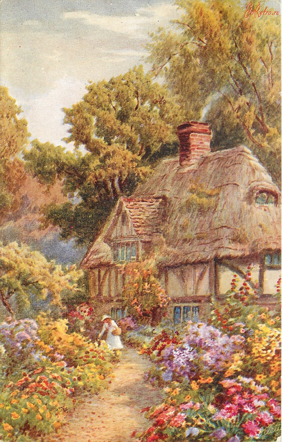 Ретро открытки - Дом в саду. Женщина с корзиной