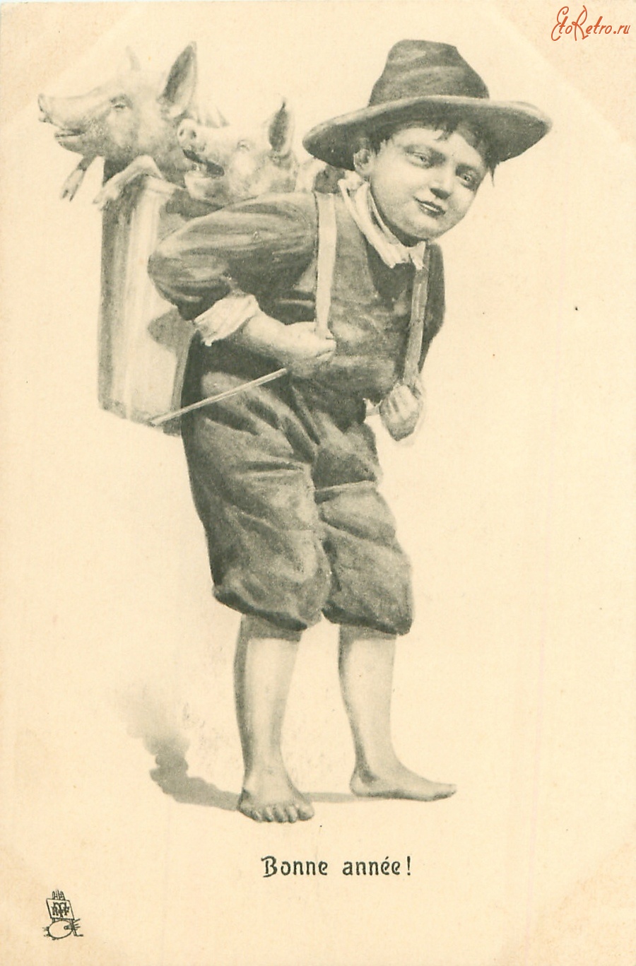 Ретро открытки - С Новым Годом. Мальчик с двумя поросятами в корзине