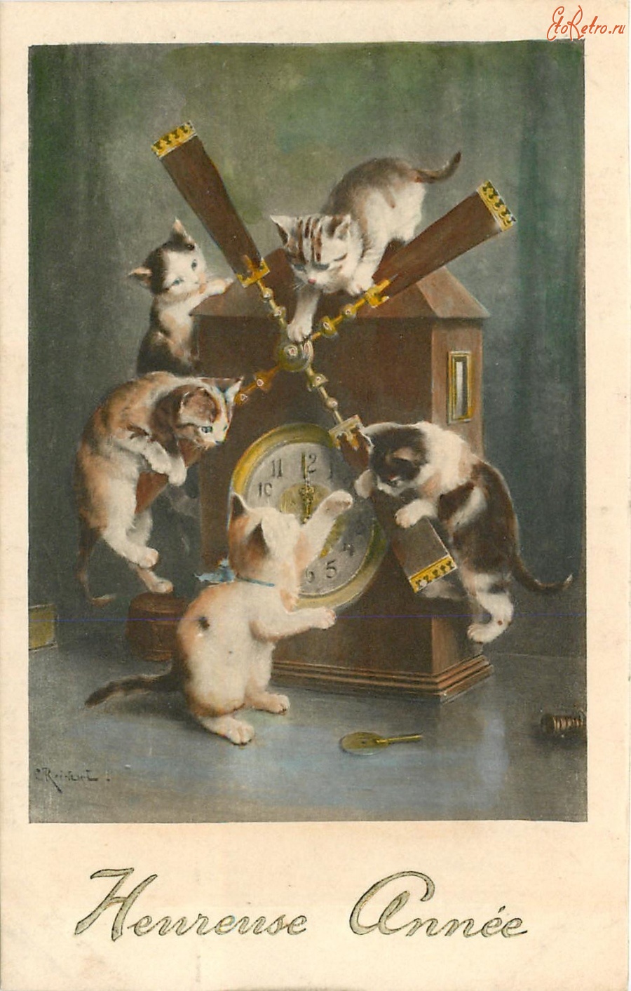 Ретро открытки - С Новым Годом . Котята, играющие с часами