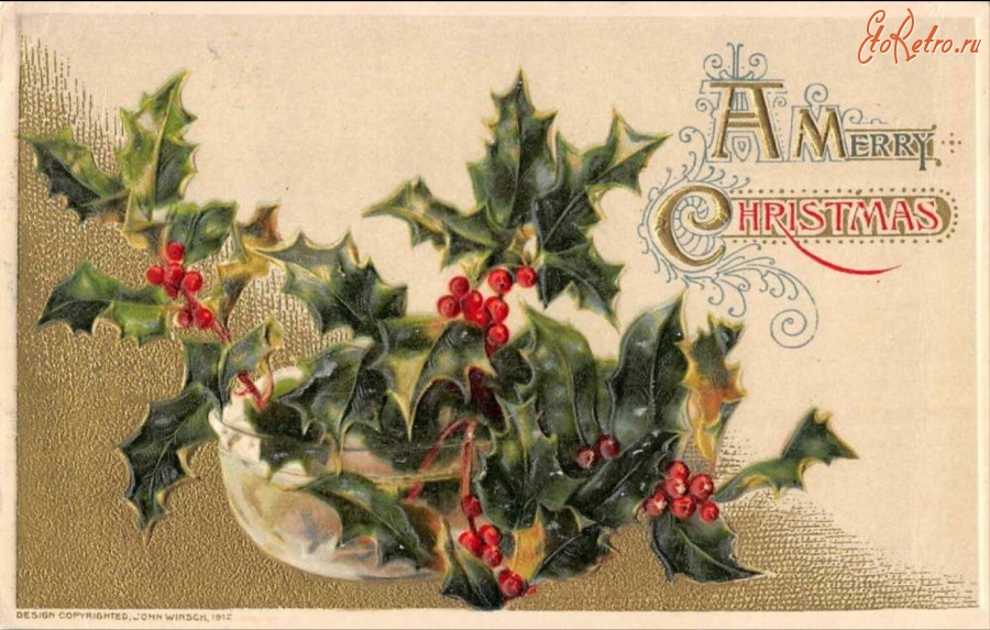 Ретро открытки - С Рождеством. Букет падуба и красные ягоды