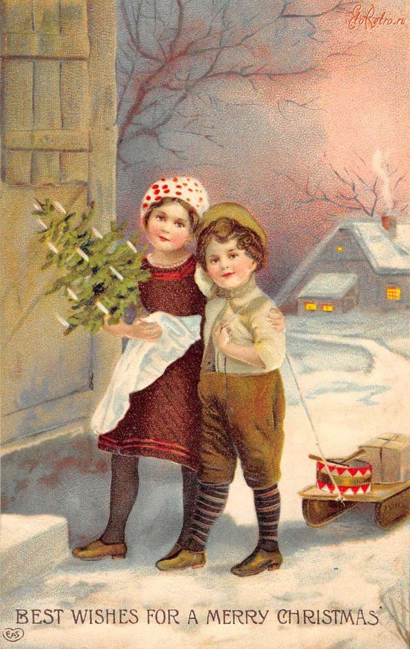 Ретро открытки - Счастливого Рождества. Дети и санки с подарками