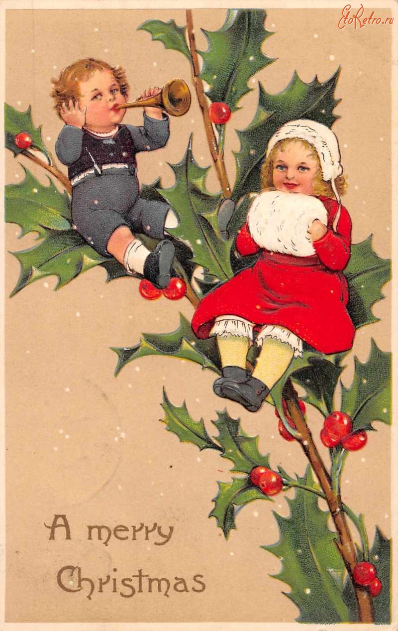 Ретро открытки - Счастливого Рождества. Дети и куст падуба