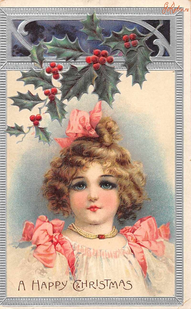 Ретро открытки - Счастливого Рождества. Девочка и жемчужное ожерелье