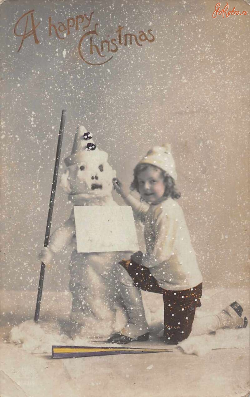 Ретро открытки - С Рождеством и Новым Годом. Девочка и снеговик
