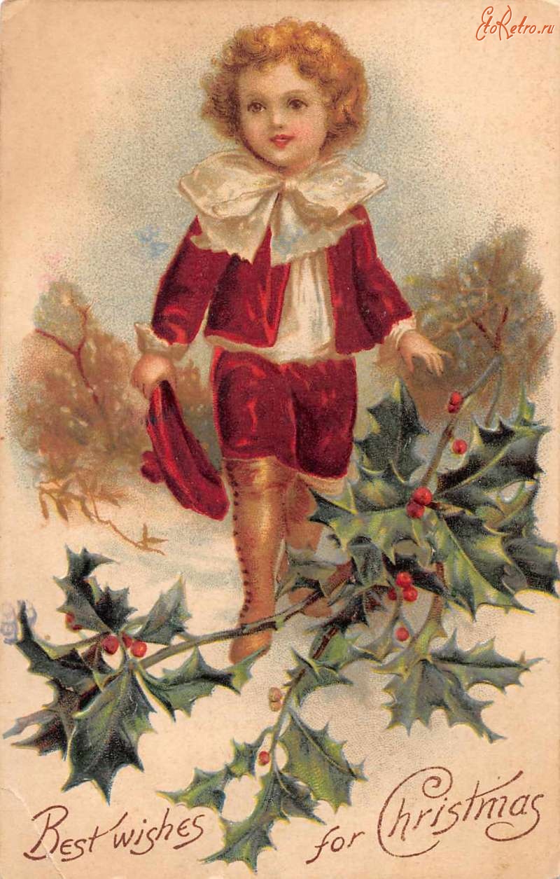 Ретро открытки - С Рождеством и Новым Годом. Мальчик в красном костюме