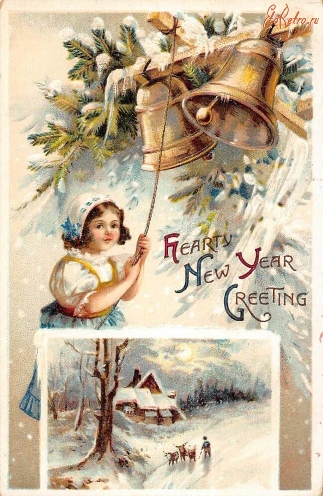 Ретро открытки - С Новым Годом. Девочка и Рождественские колокола