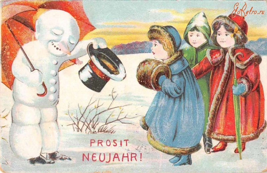 Ретро открытки - С Новым Годом. Дети и снеговик
