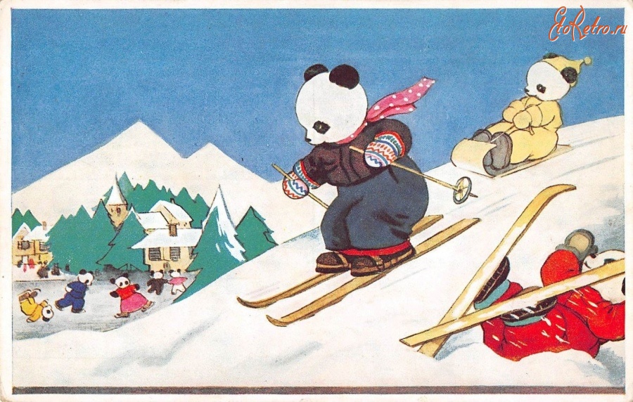 Ретро открытки - С Рождеством и Новым Годом. Панды на лыжах