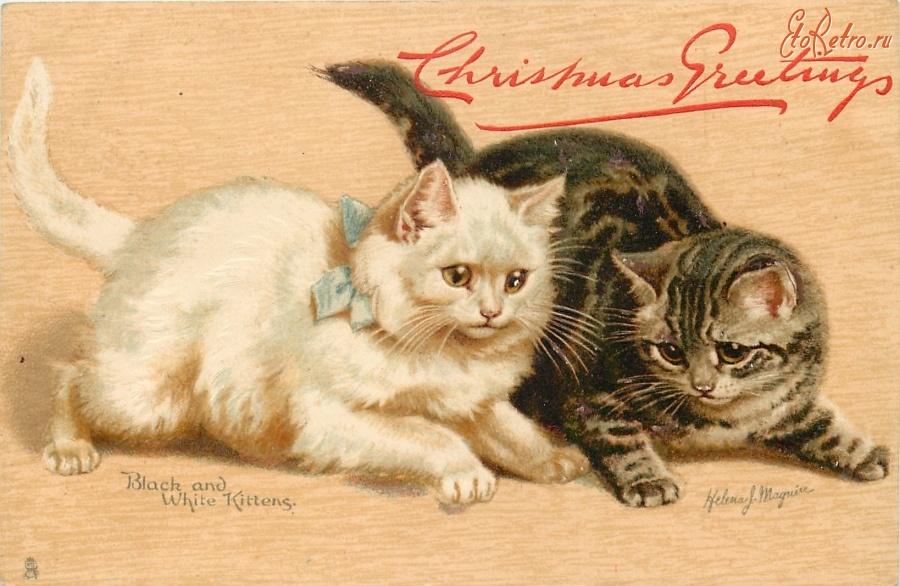 Ретро открытки - С Рождеством. Два котёнка