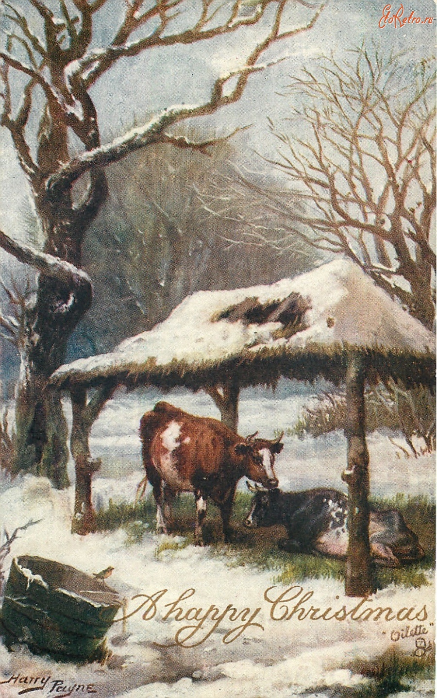 Ретро открытки - С Рождеством и Новым Годом. Коровы под снегом
