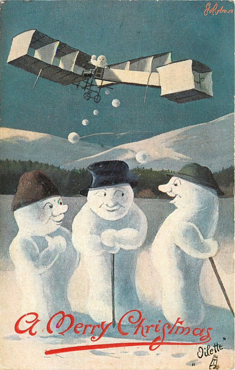 Ретро открытки - С Рождеством и Новым Годом. Три снеговика и самолёт