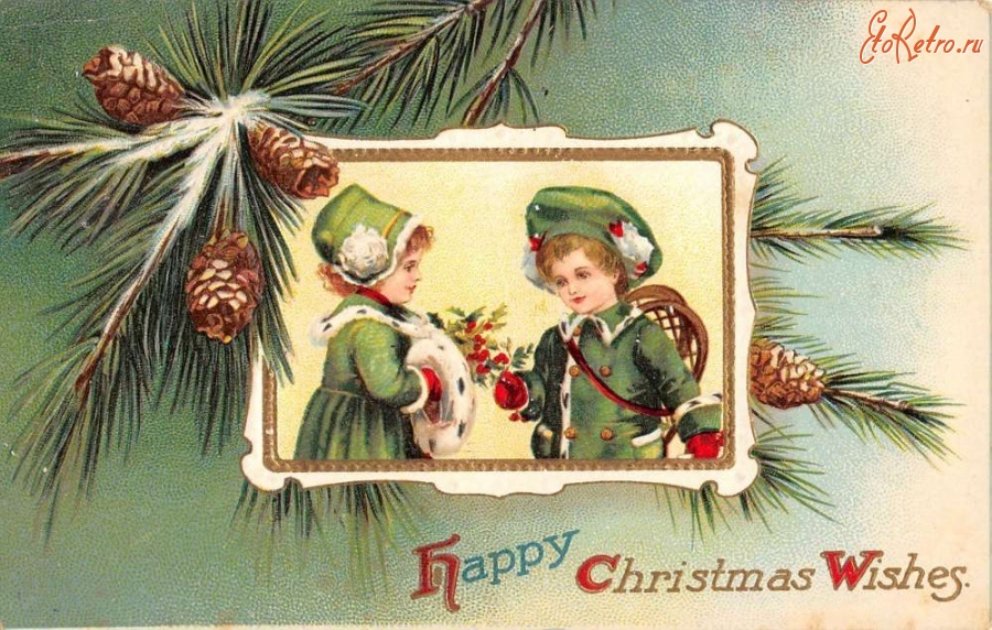 Ретро открытки - С Рождеством. Дети и сосновые шишки