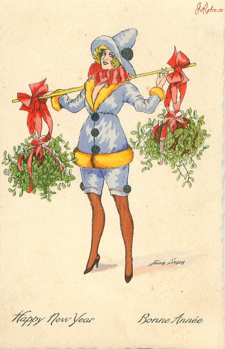 Ретро открытки - С Новым Годом. Женщина с букетами омелы
