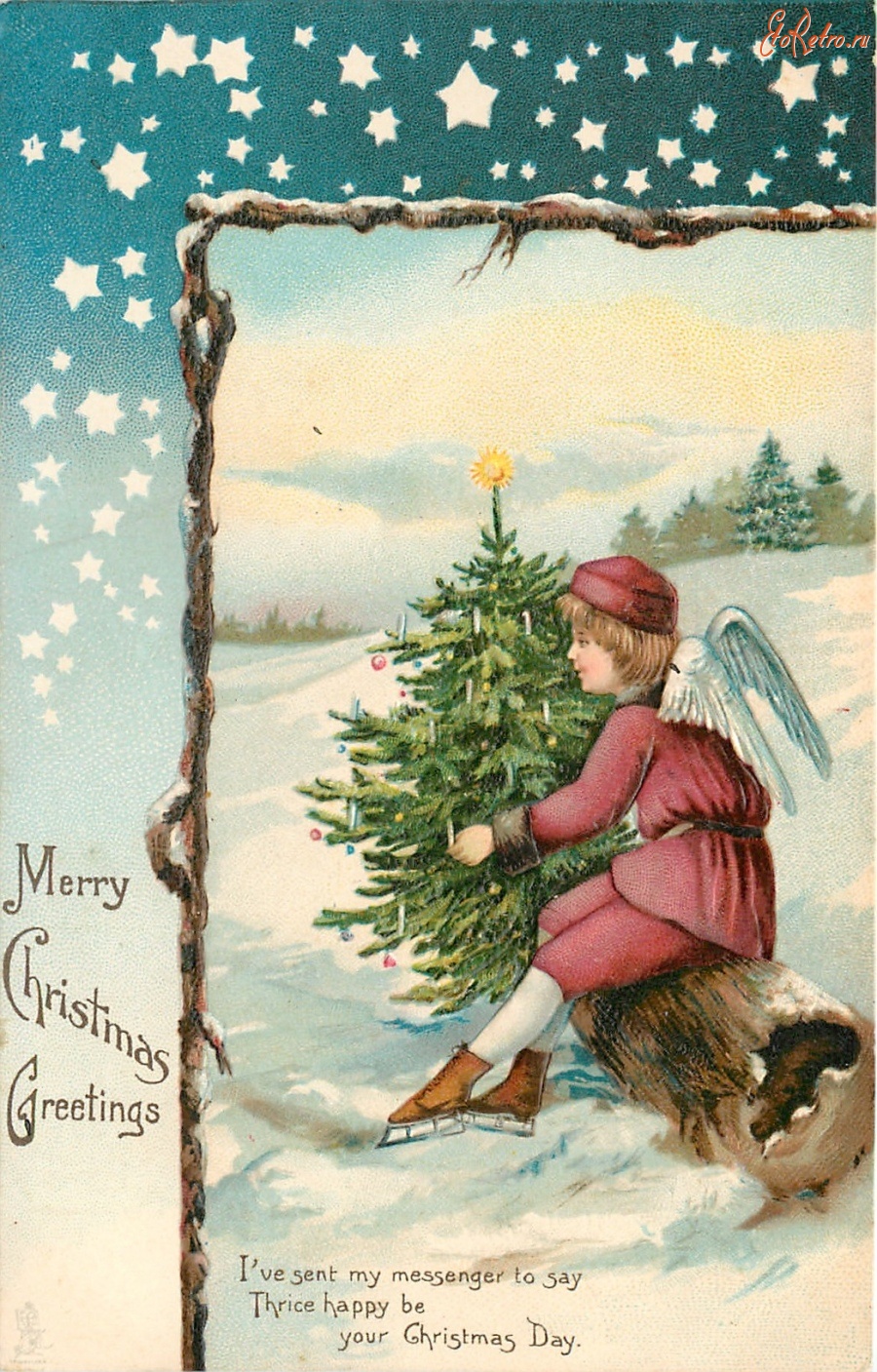 Ретро открытки - С Рождеством. Ангелы. Катание на коньках
