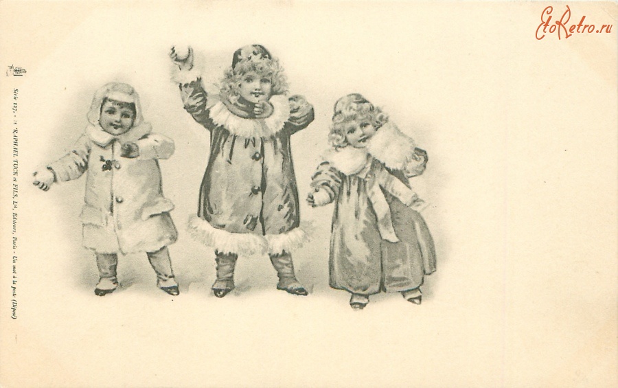 Ретро открытки - Игра в снежки. Дети в шубках