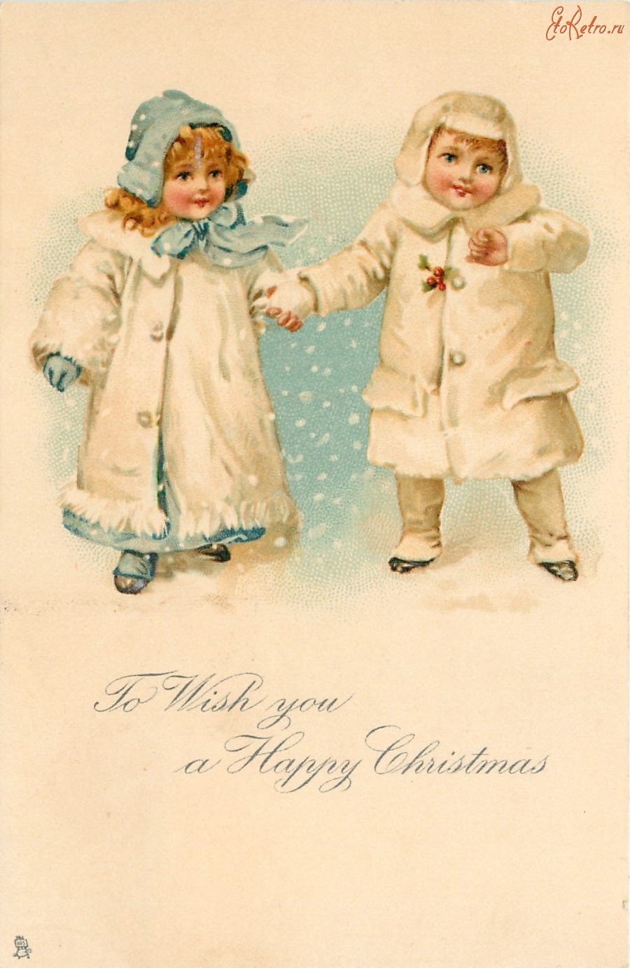 Ретро открытки - С Рождеством. Игра в снежки. Дети в шубках
