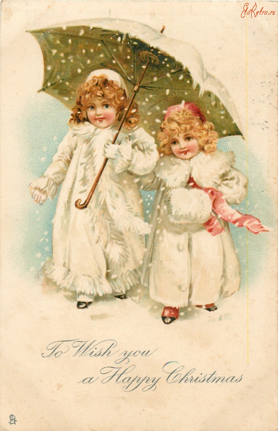 Ретро открытки - С Рождеством. Дети под зонтом