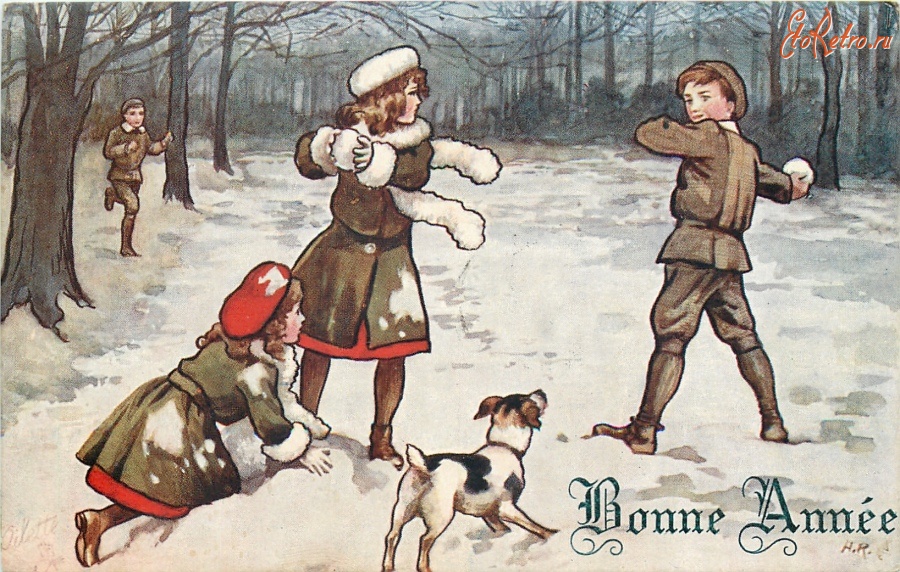 Ретро открытки - С Новым Годом. Игра в снежки в зимнем лесу