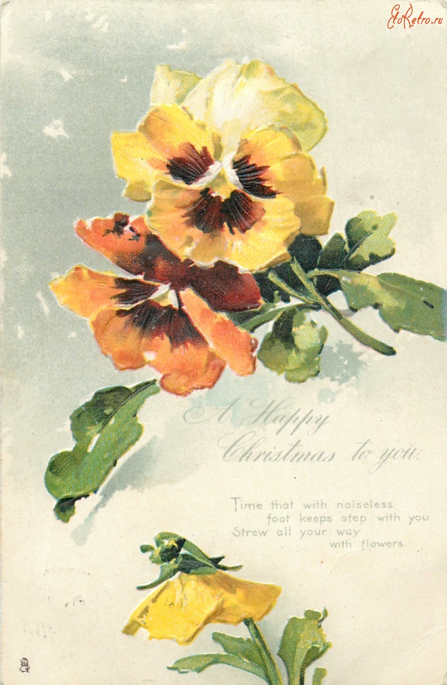 Ретро открытки - С Рождеством. Оранжево-жёлтые анютины глазки