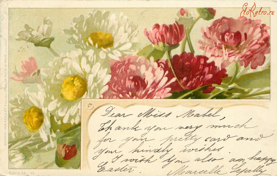 Ретро открытки - Розовые хризантемы и белые ромашки