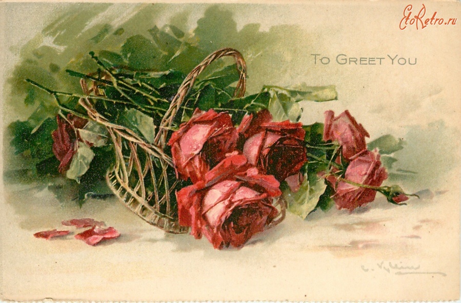 Ретро открытки - Приветствие для вас. Красные розы в корзине