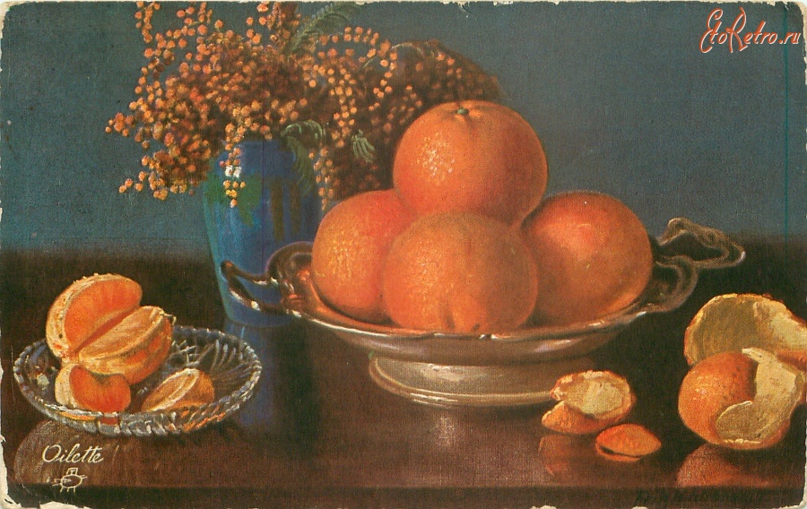 Ретро открытки - Фриц Хильдебранд. Апельсины, медное блюдо и мимоза в голубой вазе