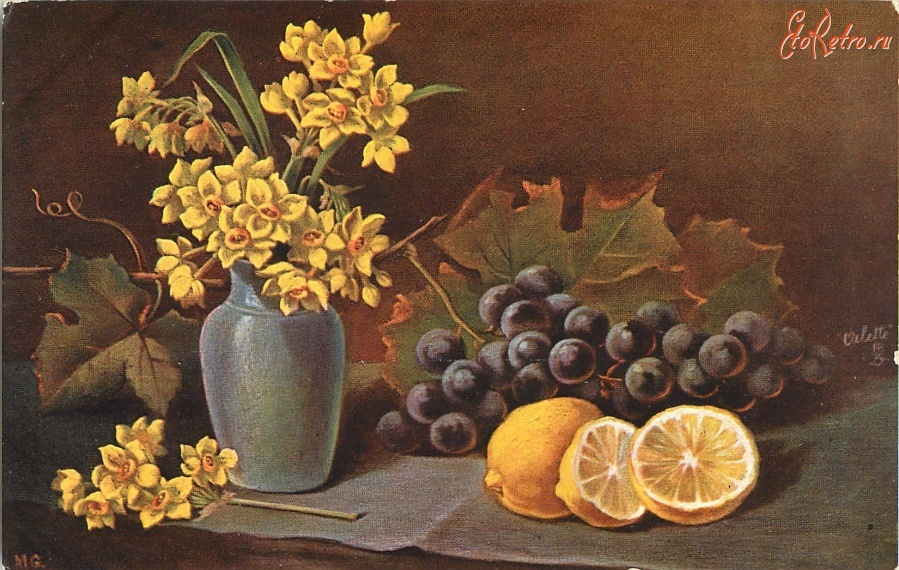 Ретро открытки - Нарциссы в голубой вазе, лимоны и виноград