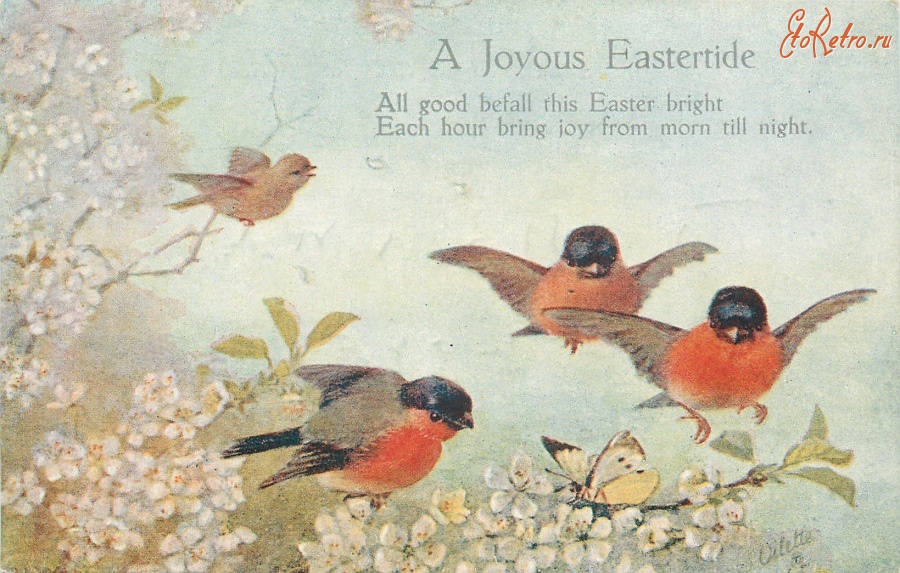 Ретро открытки - Счастливой пасхи. Снегири над цветущим деревом и бабочка